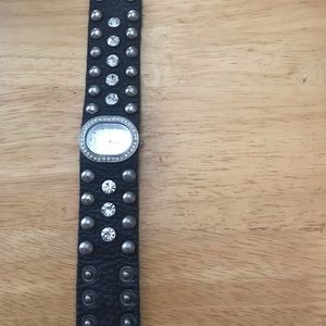 CC Vintage Black Leather Rhinestone Studded Watch
